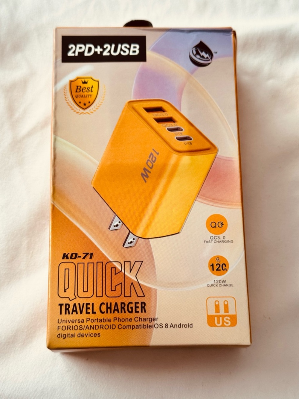 Fast Charging USB C Wall Charger Block Braided Cable 20W PD MultiPort Yellow NIB - Picture 4 of 9
